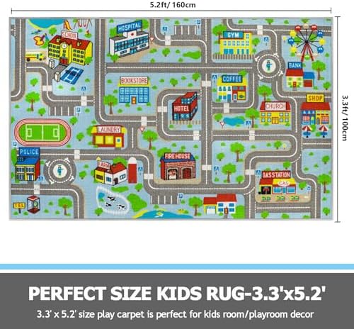 Capslpad Sky Blue Car Road Kid Rug Carpet Playmat for Playoom Traffic Road Kids Play Mat for Toddler Non Slip Washable City Map Race Track Carpet Rug for Kids Room Bedroom Nursery Room Decor,5.2'x3.3' - Image 2
