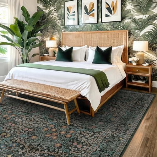 Washable Vintage 5x8 Living Room Rug, Dark Green Floral Area Rug for Bedroom Under Bed, Dining Room Under Small Dining Table, Office - Oriental Low Pile Non Slip & Stain Resistance (5x8 Dark Green) - Image 3
