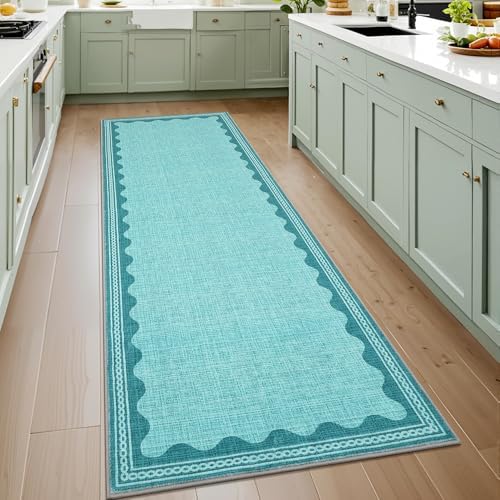 GarveeHome Scalloped Teal 2.5x8 Runner Rug for Hallway Washable Kitchen Rugs Non Slip Solid Modern Soft Low-Pile Indoor Carpet for Entryway Laundry Room Floor Mats TPE Backing - Image 3