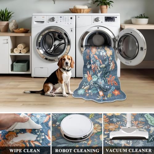 Washable Rug 2x3 for Entryway: Floral Scalloped Bathroom Rug Blue - Image 3