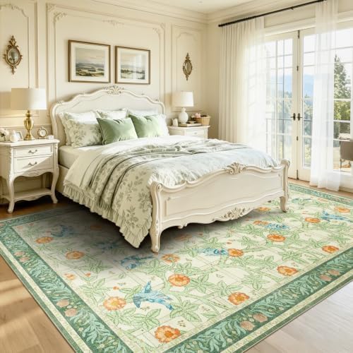 9x12 Large Area Rug, Green Floral Vintage Washable Rug for Living Room - Image 3