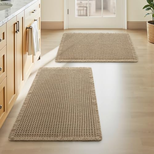 Upgraded Waffle Bath Mat Set of 2 Absorbent Non Slip Bathroom Mat 17" x 24" by AMOAMI