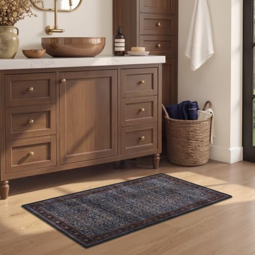 Washable Small Door Rug 2'x4', Vintage Old Money, Dark Blue - Image 4