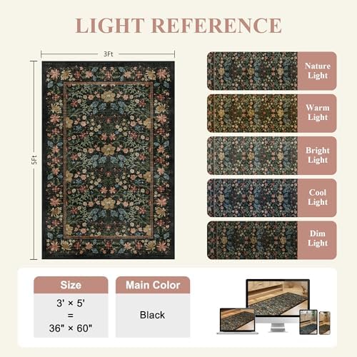 DUKINO 3x5 Rug, Washable Vintage Floral Bedroom Area Rug Non Slip, Black - Image 3