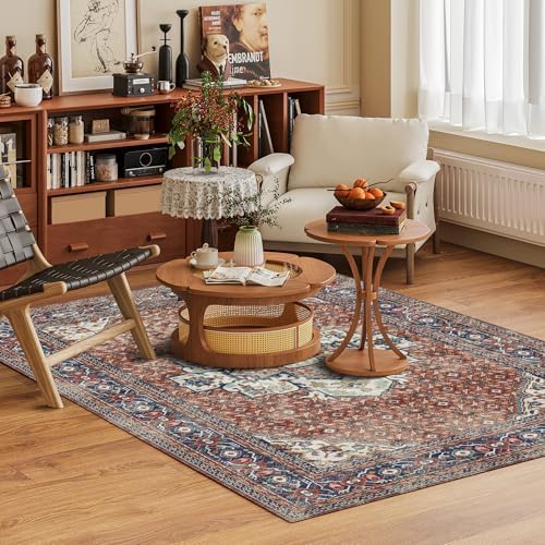 Washable Area Rug 5' x 7' Vintage Traditional Persian Mat - Foldable Distressed Non-Slip Machine Washable Carpet for Living Room Bedroom Kitchen Home Decor - Terracotta and Navy - Image 2