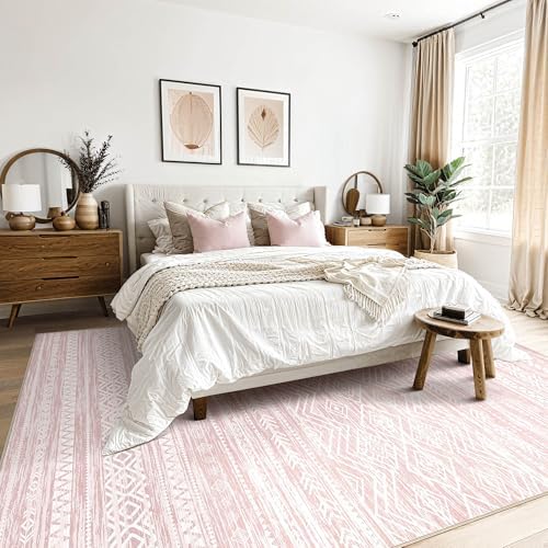Tortania Area Rug Living Room Rugs- 8x12 Washable Large Soft Neutral Boho Moroccan Bohemian Farmhouse Rug Indoor Floor Carpet for Bedroom Under Dining Table Home Office Decor - Pink - Image 3