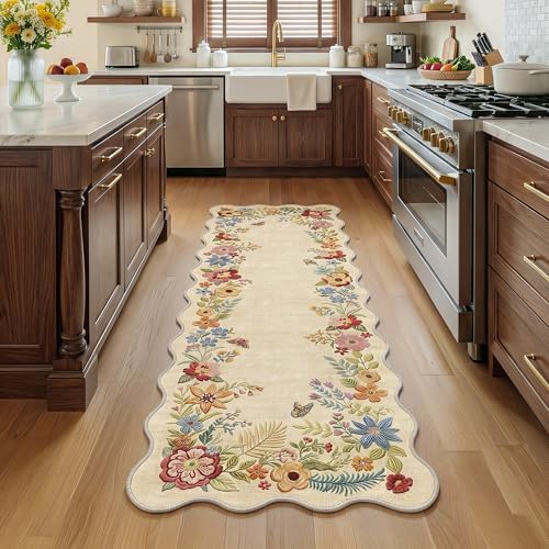 FMFUNCTEX 2x5 Hallway Runner Rug Washable Beige Floral Vintage Scalloped - Image 3