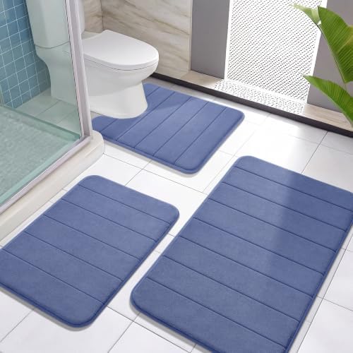 Yimobra Memory Foam Bath Mat Set 3 Pieces- Super Soft Absorbent Quick Dry Bathroom Rug Sets, Machine Washable Non Slip Floor Carpet for Tub Shower, Vanity & Toilet Base, Navy Blue by Yimobra