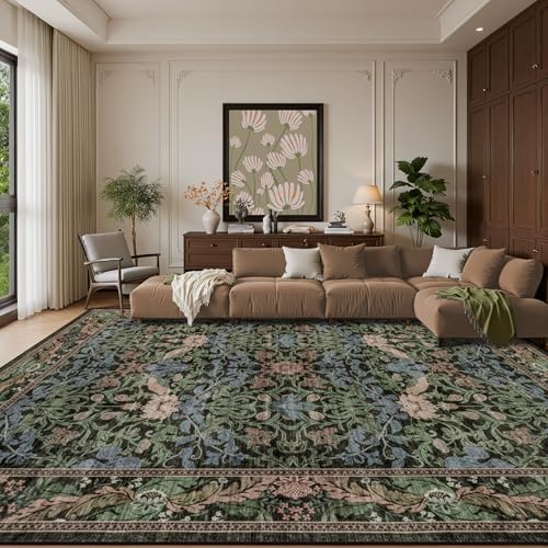 10x14 Area Rug Living Room: Soft Floral Washable Carpet Brown Green - Image 2