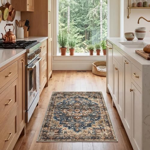 GarveeHome Washable Rug 2x3 Vintage Small Entryway Rugs Blue&Brown - Image 3