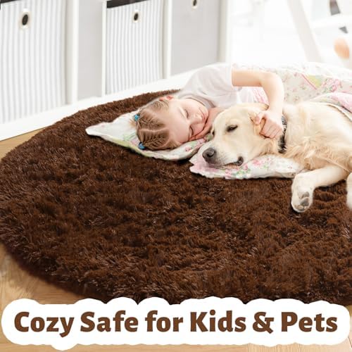 Amdrebio Chocolate Brown Round Circle Area Rug 4Ft for Bedroom Living Room - Image 4