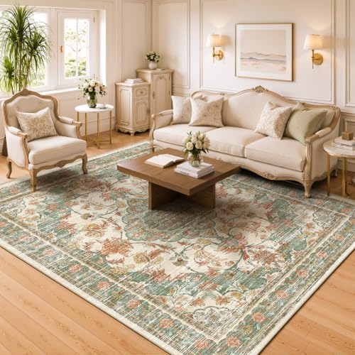 3x5 Boho Washable Area Rugs, Non Slip Foldable Carpets, Green Orange Beige