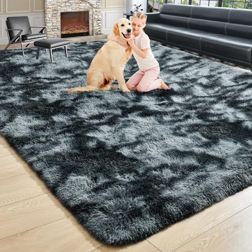 8x10 Extra Large Tie-Dyed Black and Grey Fluffy Area Rug Non-Slip for by ModernHomeDecor
