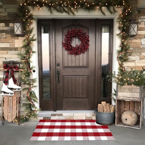 Christmas Plaid Outdoor Rug, 2'x4'3'' Red&White Check Indoor/Outdoor Area Rug, Layering Rug for Hello/Welcome Door Mat, Machine Washable Cotton Woven Rug for Farmhouse Front Porch, Entryway - Image 4