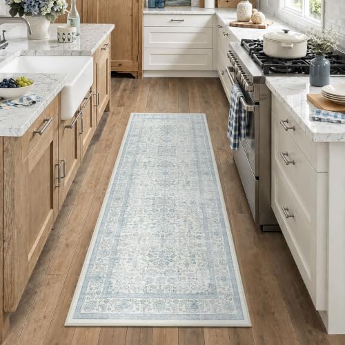 2x6 Washable Kitchen Runner Rug Non-Slip Vintage Blue Throw Carpet by HOME