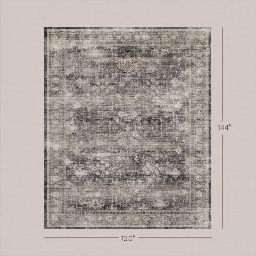 Modern 10x12 Large Area Rugs for Living Room, Charcoal Stone Minimalist Oriental Washable Boho Black Rug for Bedroom Under Bed with Distressed Geometric Design, Stain Resistant Low Pile Non-Slip - Image 2