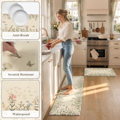 KIMODE Kitchen Mats Cushioned Anti Fatigue 17"x47"+17"x29", Farmhouse Kitchen Mats for Floor 2 Piece, Padded Kitchen Floor Mats Non Slip, Cream Wildflower Standing Mat for Laundry Bath Sink Office - Image 6