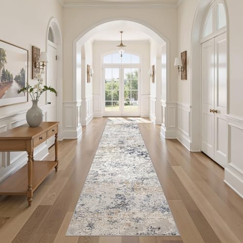 DMOYEST Washable Runner Rug for Hallway: 2.6x12 Neutral Modern Abstract Low Pile Area Rug with Non-Slip Backing - Carpet for Bedroom Kitchen Laundry Entryway Bathroom Indoor - Beige Blue - Image 3