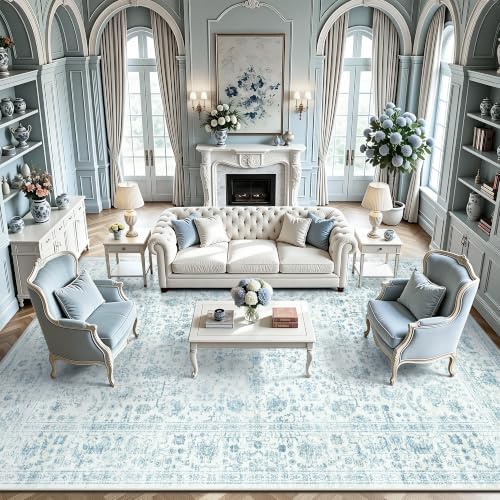 8x10 Area Rugs for Living Room, Washable Vintage Retro Floral Rug, Low Pile Non Slip Distressed Large Carpet for Bedroom, Dining Room, Office, Home (Blue) - Image 3