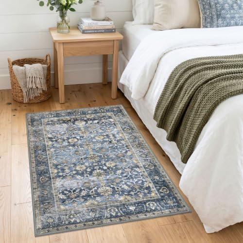 KUTA Vintage Floral 3x4 Entryway Rug Washable Area Rugs Blue Grey Beige - Image 4