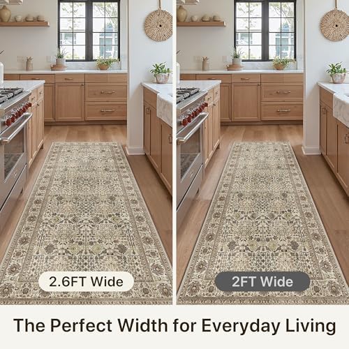 Bavni 2'6" x 6' Kitchen Runner Rug, Washable Non Slip, Cream Brown - Image 3