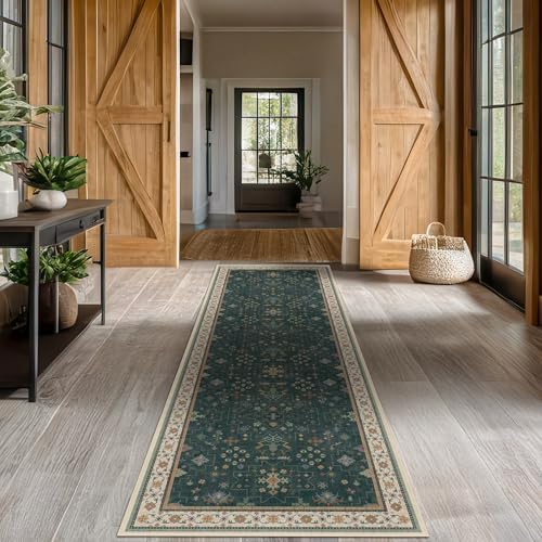 Hazo Haus Dark Green Kitchen Rug 10 ft Long - Modern Vintage Boho Unique Floral with Gold Accent, Washable Low Pile Non-Slip Extra Long Wide Runner Rugs for Hallway, 3x10 by HazoHaus
