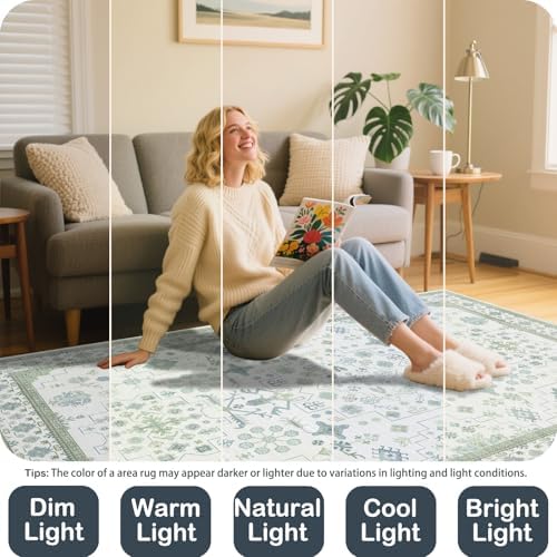 5x7 Washable Area Rugs for Living Room (Pale Sage Misty Blue) - Image 5