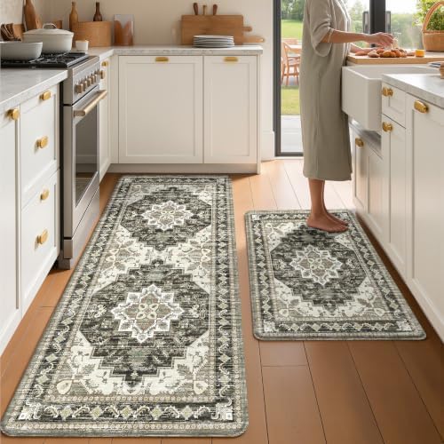 Boho Kitchen Mats for Floor 2PC Anti Fatigue Kitchen Rugs, Black Brown Grey by tubeamin