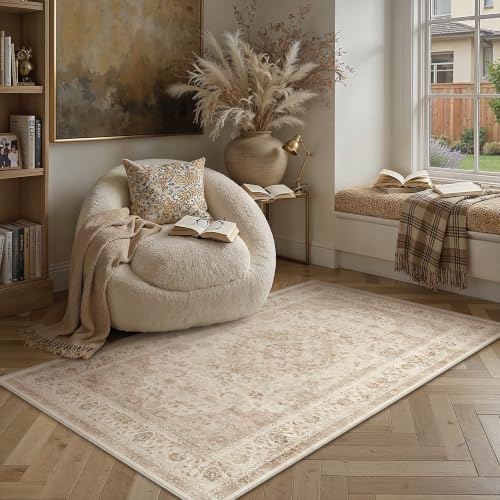 3x5 Beige Washable Area Rug Non Slip Vintage Carpet - Image 2