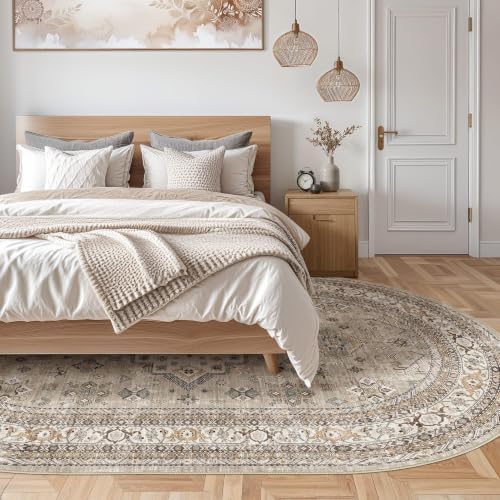 cotiled 6x9 Ellipse Area Rug for Living Room, Washable, Traditional, Beige - Image 7