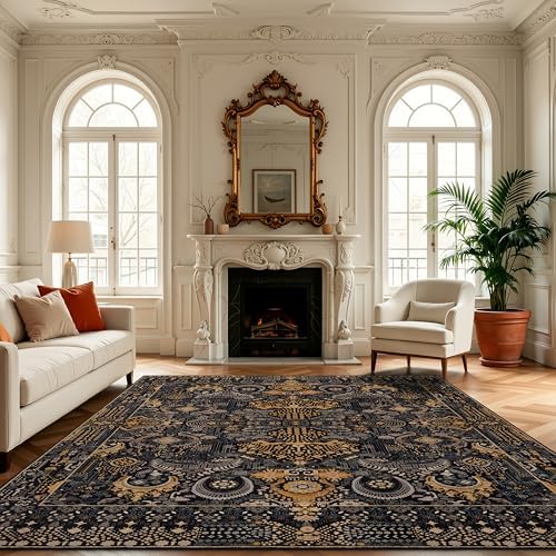 Ruaruarug Washable Area Rug 8×10 Ultra Soft for Living Room, Black and Gold by Ruaruarug