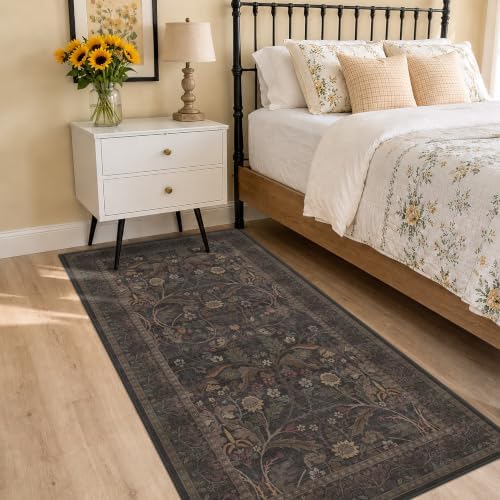 Washable 3x6 Wide Kitchen Entryway Runner Rug Non Slip - Dark Brown Vintage Floral Hallway Rugs, Farmhouse Low Pile Runner for Bedroom, Laundry Room, Bathroom, Kitchen Soft Stain Resistant Carpet - Image 3