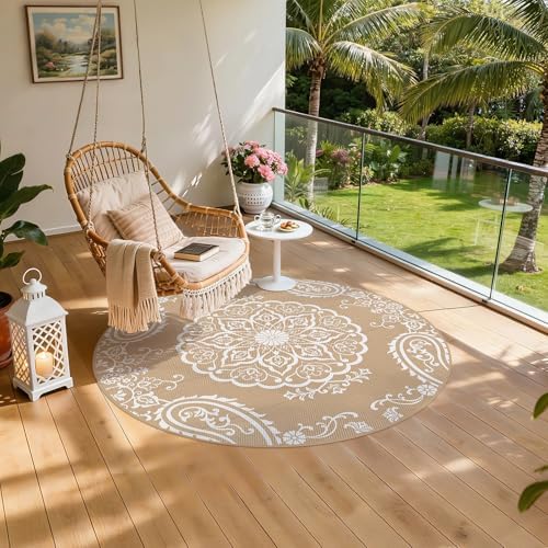 Pauwer Outdoor Rug 6ft, Waterproof Plastic Straw Camping Rug, Boho Brown - Image 6