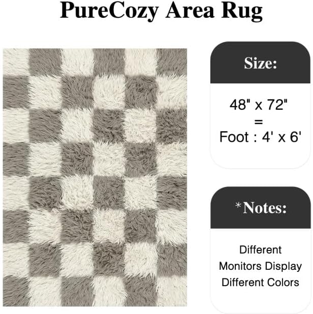 PureCozy Grey 4x6 Area Rug for Kids Room Soft Fluffy Checkered Shag Carpet - Image 2
