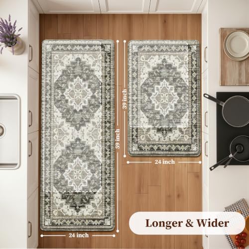 Boho Kitchen Mats for Floor 2PC Anti Fatigue Kitchen Rugs, Black Brown Grey - Image 2