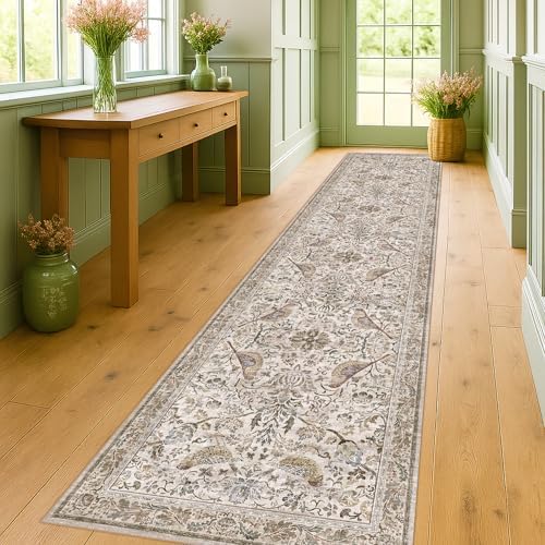Moss Green 3x12 Wide Hallway Runner Rug, Vintage Brown Taupe Floral Design Carpet for Kitchen, Washable Extra Long Runner Rugs for Entrance Floor, Low Pile & Stain Resistant by HazoHaus