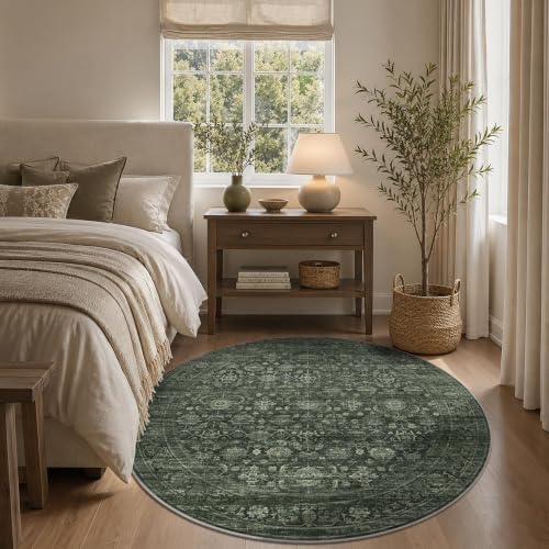 JOOJA 6x6 Dark Green Vintage Low Pile Washable Boho Round Living Room Rug - Image 3