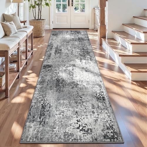2.6x12 Grey Rug Runners for Hallways Kitchen Runner Rug Non Slip Washable Black Long Runner Rugs with Rubber Backing Soft Abstract Carpet Runner for Bedroom, Kitchen, Bathroom, Entryway by OmpaaHomeDecor