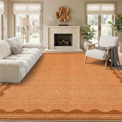 GarveeHome Scalloped Orange Washable Rugs 8x10 Rug for Living Room Solid Modern Minimalism Soft Low-Pile Carpet for Bedroom Dining Nursery Non Slip TPE Backing by GarveeHome