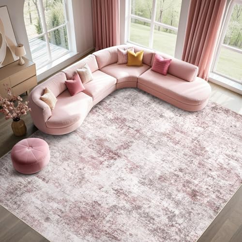 UERMEI 9x12 Washable Area Rug - Neutral Modern Abstract Living Room Rugs, Non-Slip Soft Large Indoor Floor Carpet for Bedroom Home Office & Under Dining Table Decor, Pink Grey by UERMEI