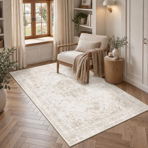 Washable 3x5 Porch Area Rug Soft Medallion Neutral Beige Throw Carpet - Image 3