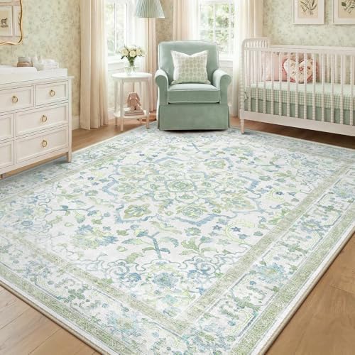 CAPALOCA 5x7 Washable Nursery Girls Low Pile Area Rug Green Blue by CAPALOCA