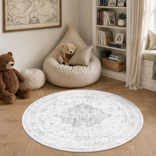 4ft Round Washable Office Rug Non-Slip Medallion Gray Throw Carpet - Image 3