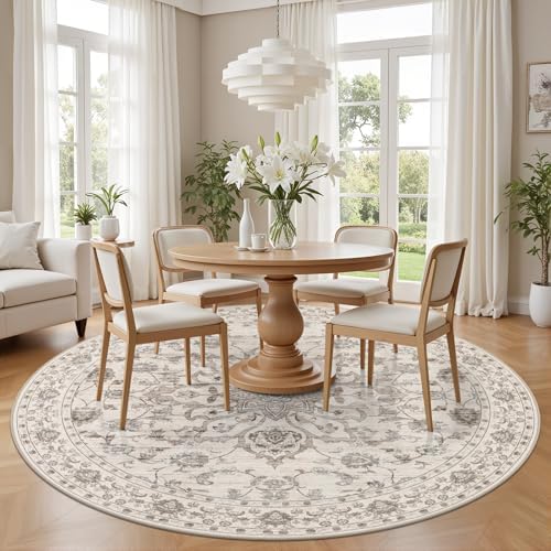 Round Area Rug for Living Room: 8ft Boho Washable Rug Brown Beige - Image 3