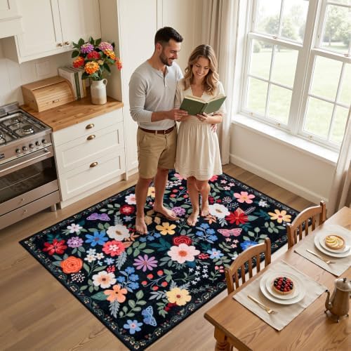 PLHXFR Area Rug Living Room: 3x5 Floral Washable Boho Soft Carpet Black - Image 3