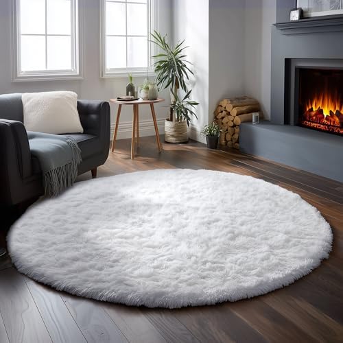 Amdrebio White Furry Round Circle Rug 6Ft for Bedroom Living Room Playroom - Image 3