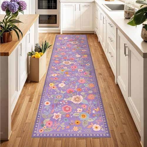 Floral Washable 2x10 Area Rugs Runner Entryway Hallway Purple/Pink - Image 2