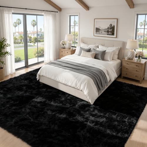 TENGTENGLINK 9x12 Fluffy Shag Area Rug Living Room Bedroom Washable Black - Image 3
