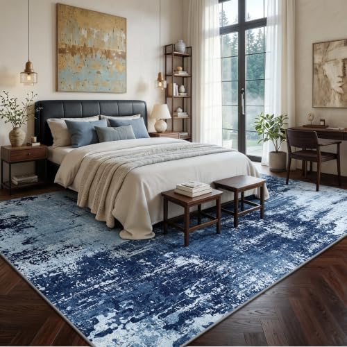 5x7 Rugs for Living Room - Modern Abstract Washable Rug, Ultra Soft Non Slip Low Pile Large Rugs, Floor Carpet for Bedroom Dining Room Office Laundry Nursery Home（Blue & White） - Image 3