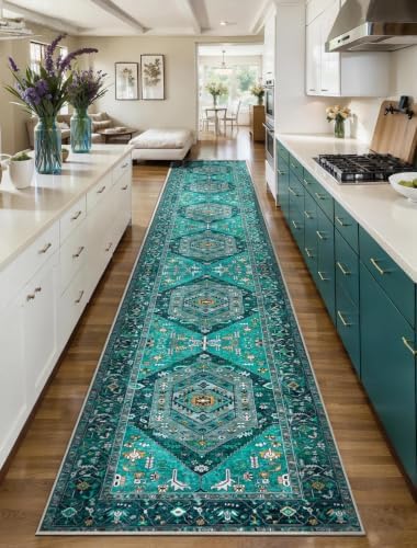 SERISSA 2'6"x16' Washable Non Slip Boho Runner Rug for Hallway，Teal by SERISSAHomeDecorCollection
